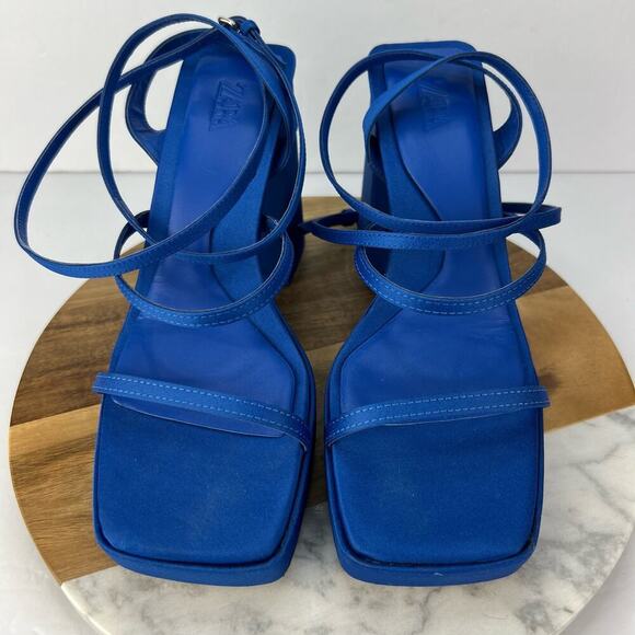 EUC Zara EU 39/US 8.5 Blue Strappy Retro Chunky Platform Heel Square Toe Sandals - Picture 4 of 14